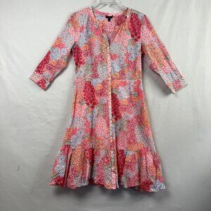 Talbots Shirt Dress Womens 4P Petite Button Up Floral Pink Ruffle Cottage Core